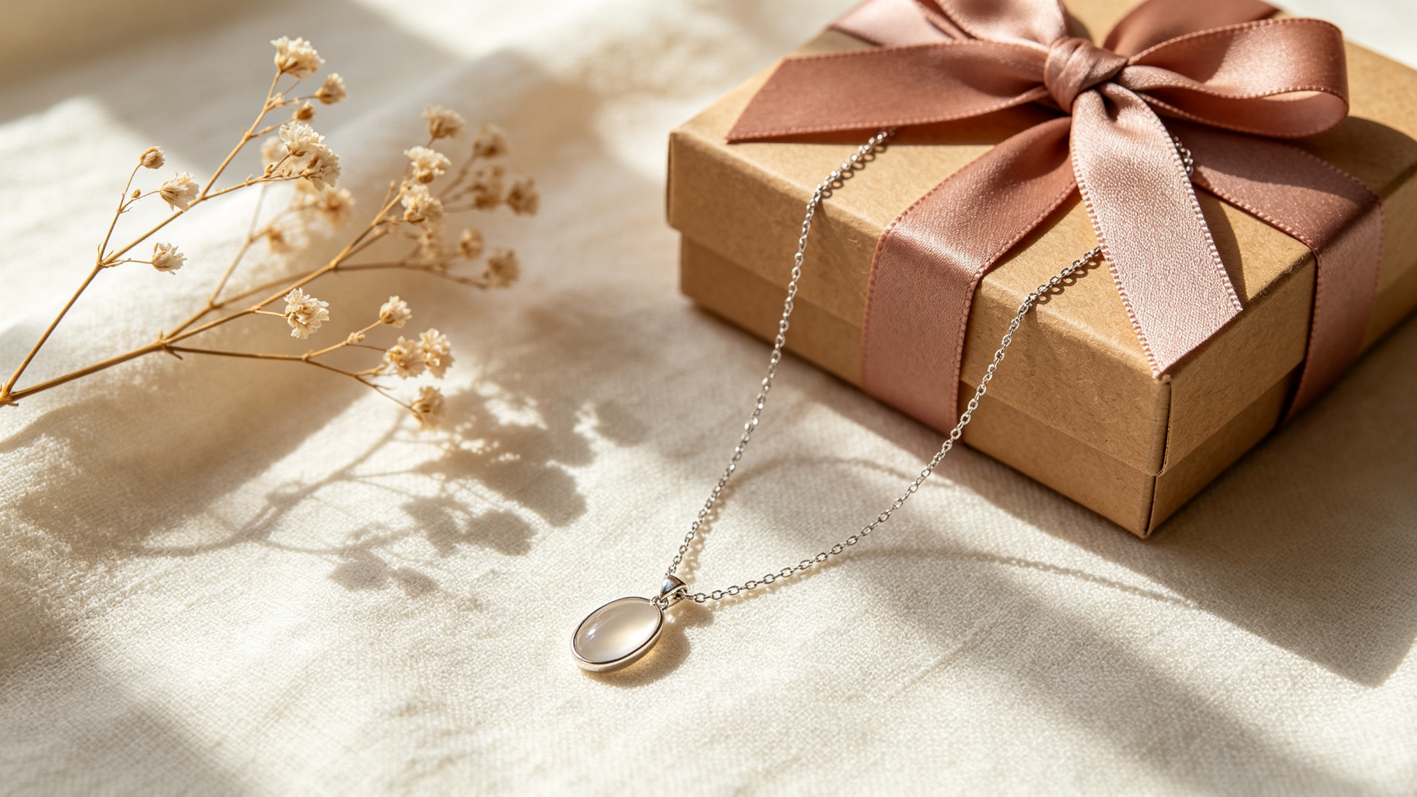 Steel necklace in a kraft gift box with dried flowers